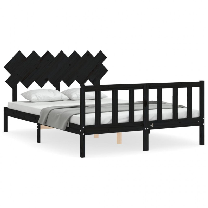 Rama łóżka z wezgłowiem, czarna, King Size, lite drewno