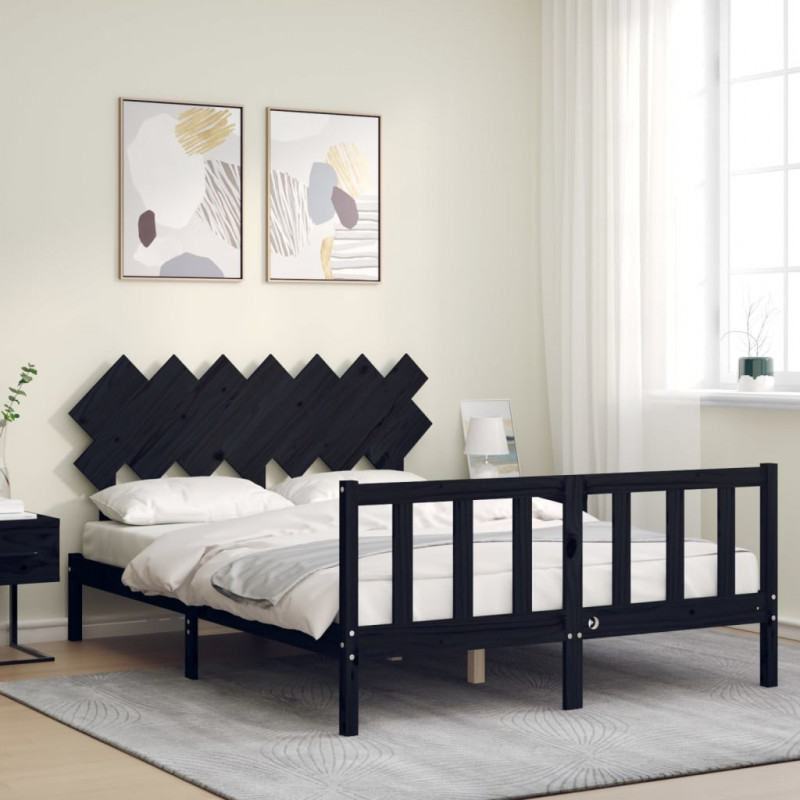 Rama łóżka z wezgłowiem, czarna, King Size, lite drewno