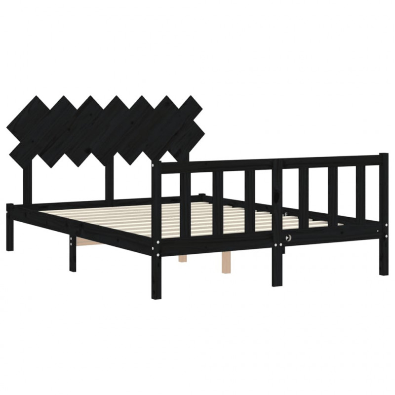 Rama łóżka z wezgłowiem, czarna, King Size, lite drewno