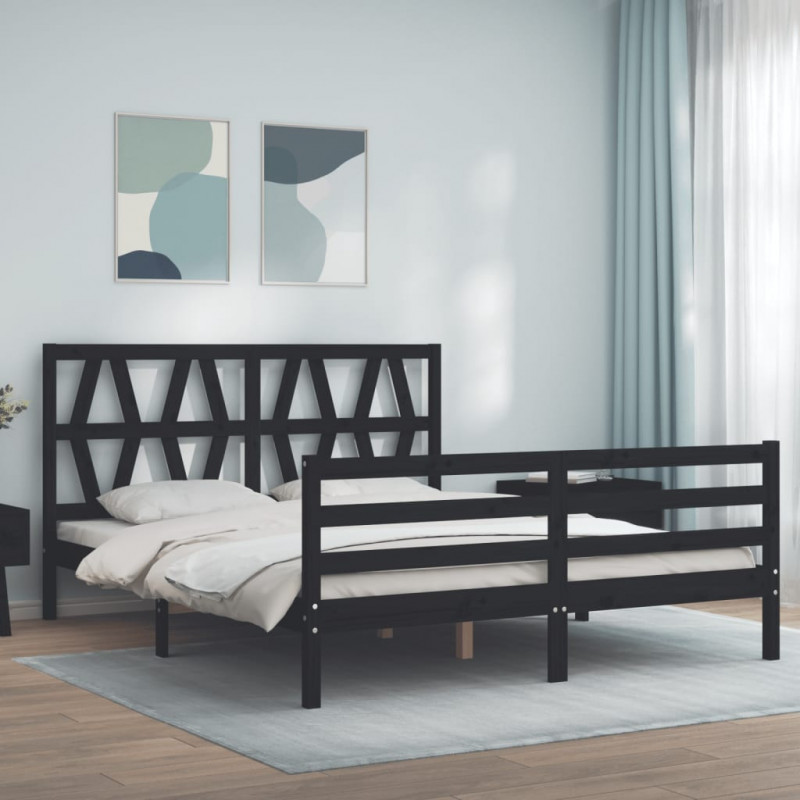 Rama łóżka z wezgłowiem, czarna, King Size, lite drewno