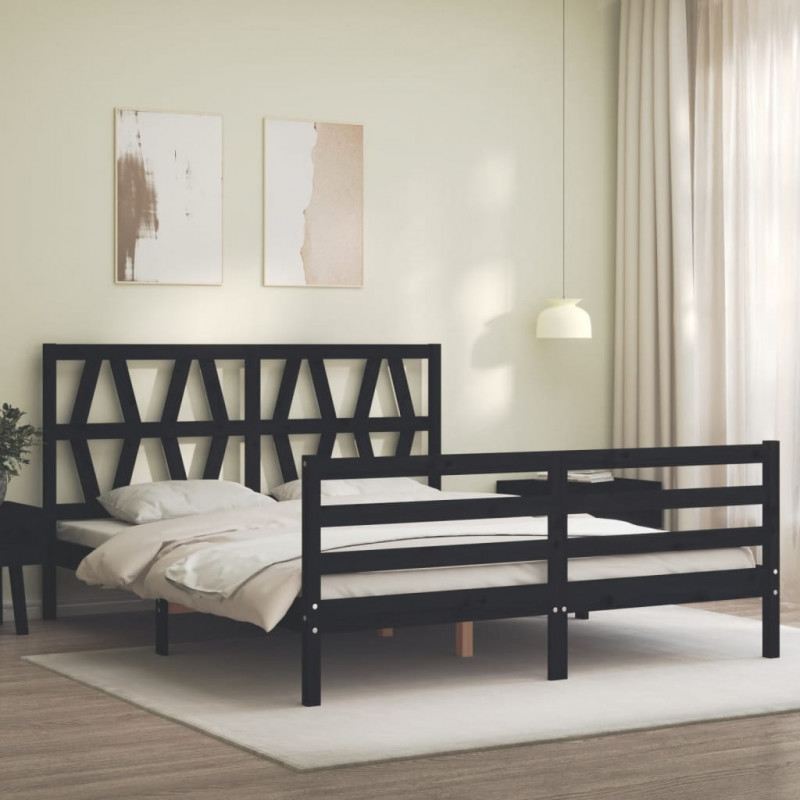 Rama łóżka z wezgłowiem, czarna, King Size, lite drewno