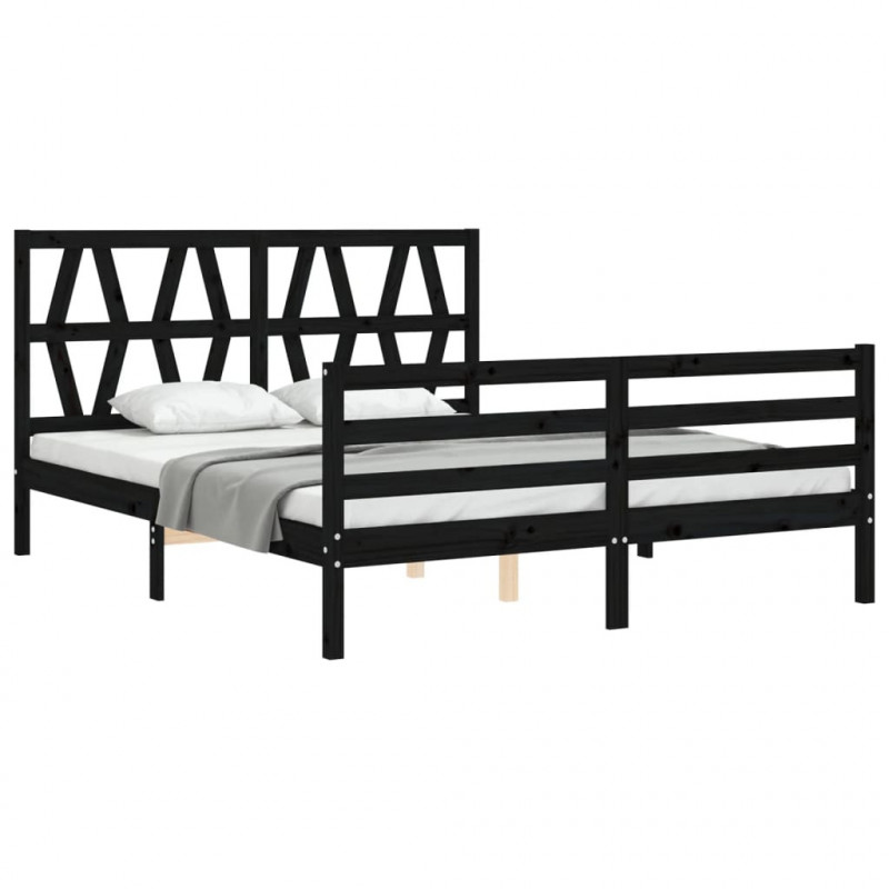 Rama łóżka z wezgłowiem, czarna, King Size, lite drewno