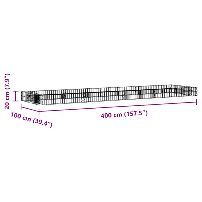 Podwyższona donica gabionowa, galwanizowana stal, 400x100x20 cm