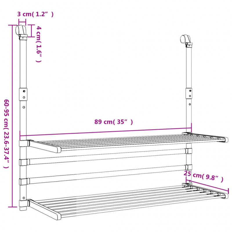 Suszarka balkonowa na pranie, 89x25x(60-95) cm, aluminium
