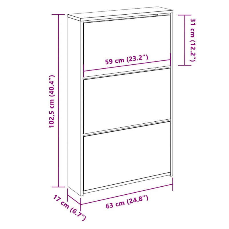 Szafka na buty z 3 półkami i lustrem, kolor dębu 63x17x102,5 cm