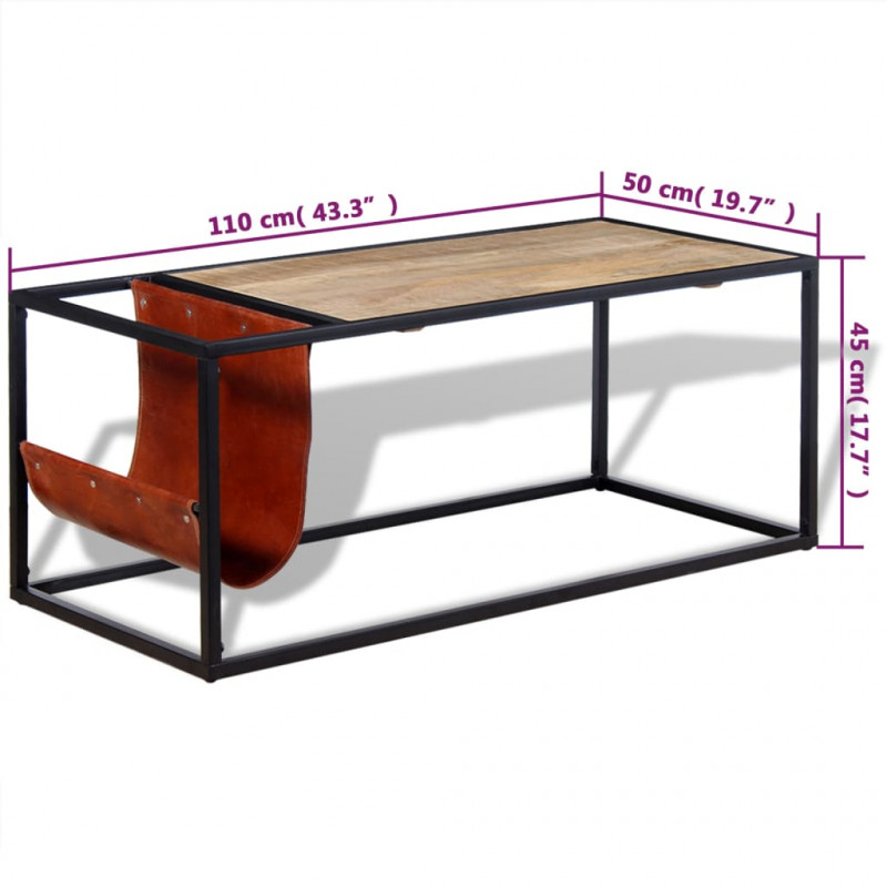 Stolik kawowy ze skórzanym uchwytem na czasopisma 110x50x45 cm