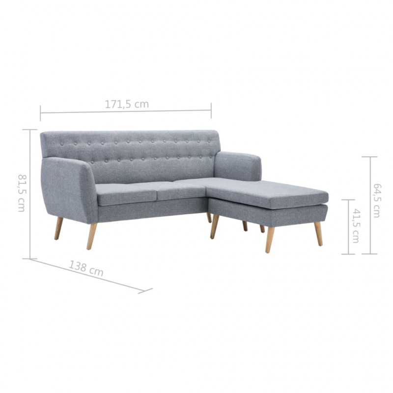 Sofa z leżanką, obita tkaniną, 171,5x138x81,5 cm, jasnoszara
