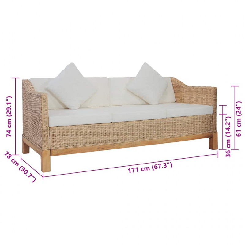 3-częściowy zestaw wypoczynkowy z poduszkami, naturalny rattan