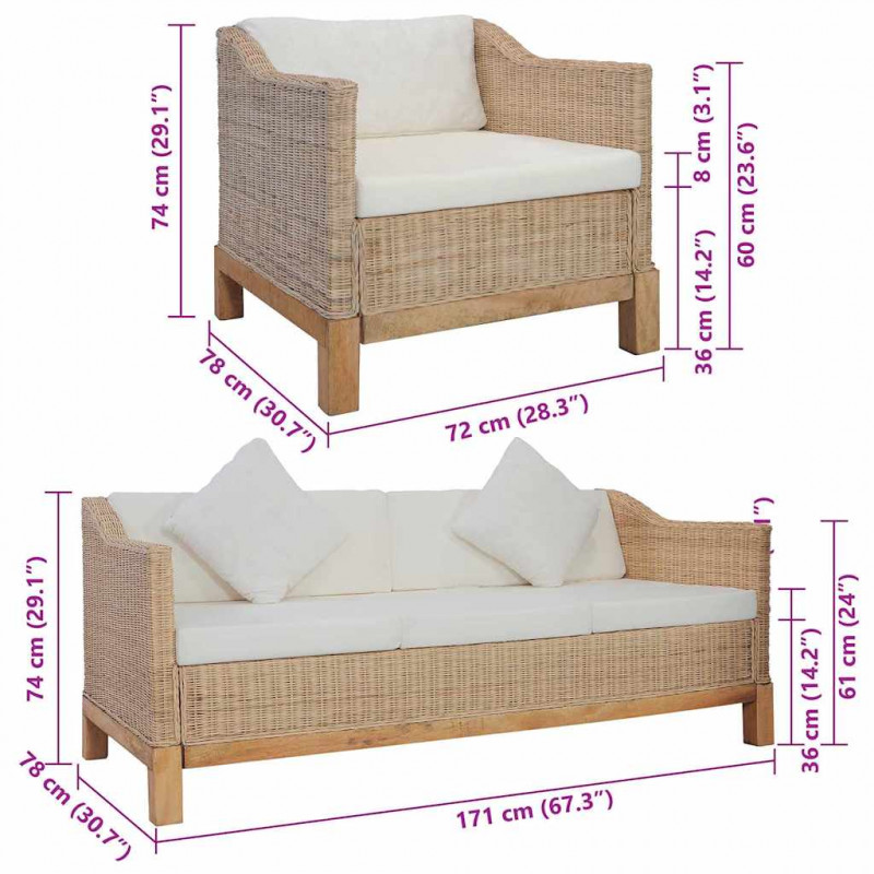 2-częściowy zestaw wypoczynkowy z poduszkami, naturalny rattan