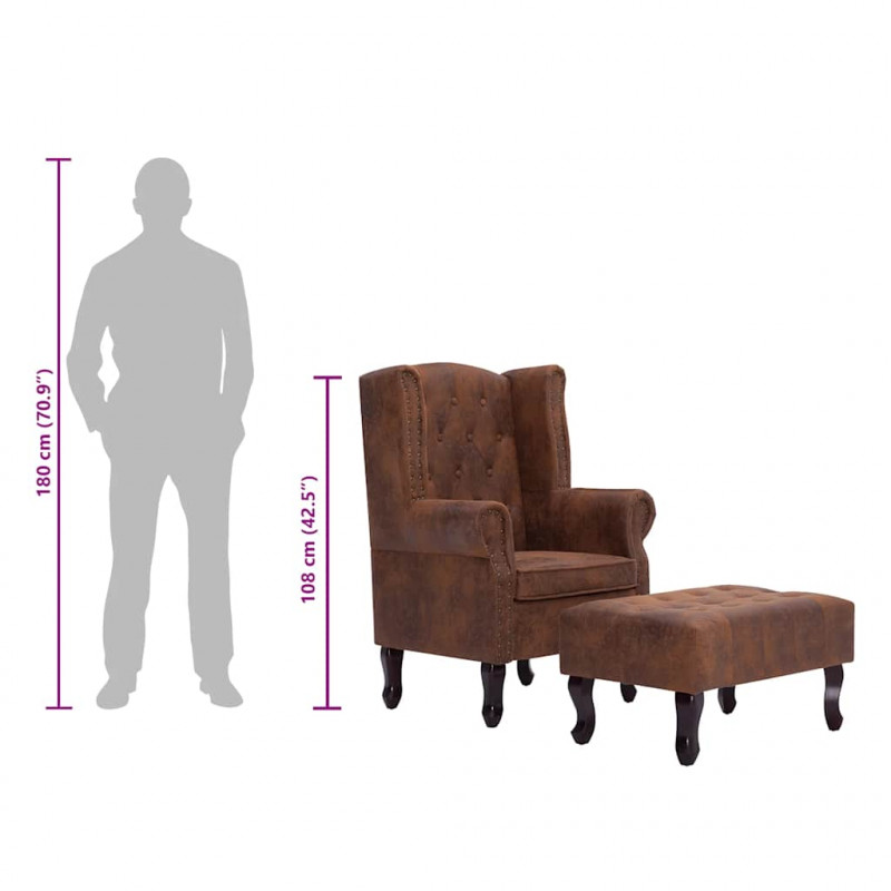 Fotel Chesterfield z podnóżkiem, brązowy, sztuczny zamsz