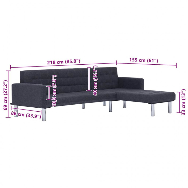 Sofa w kształcie litery L, ciemnoszara, poliester