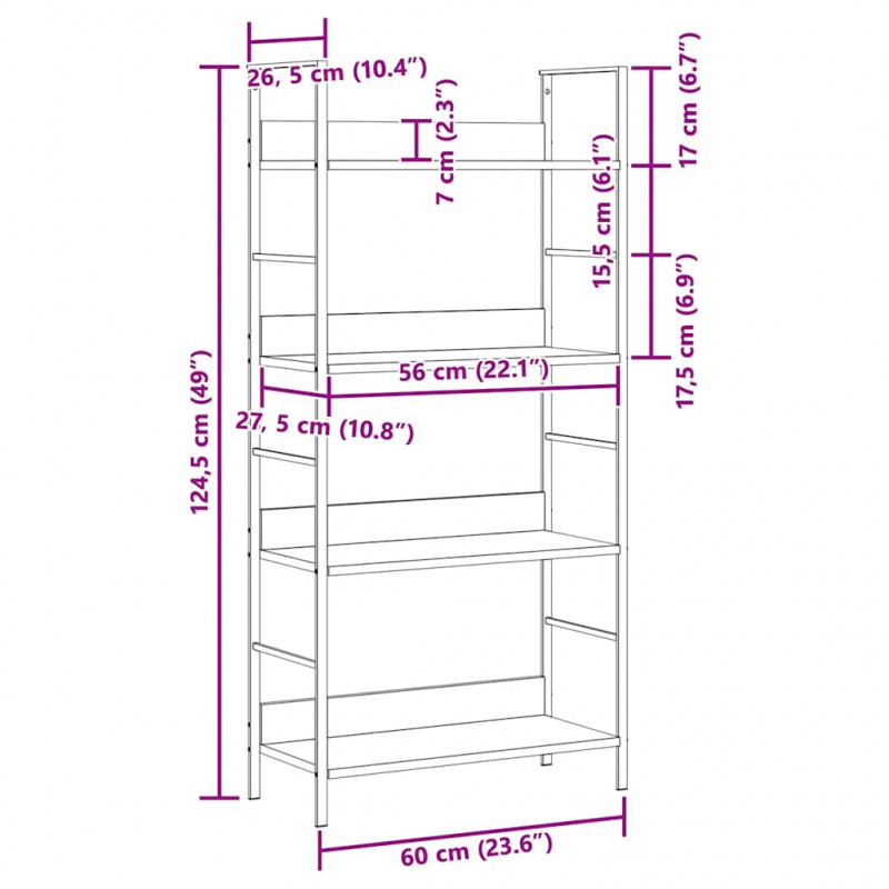 Regał z 4 półkami, biały, 60x27,6x124,5 cm
