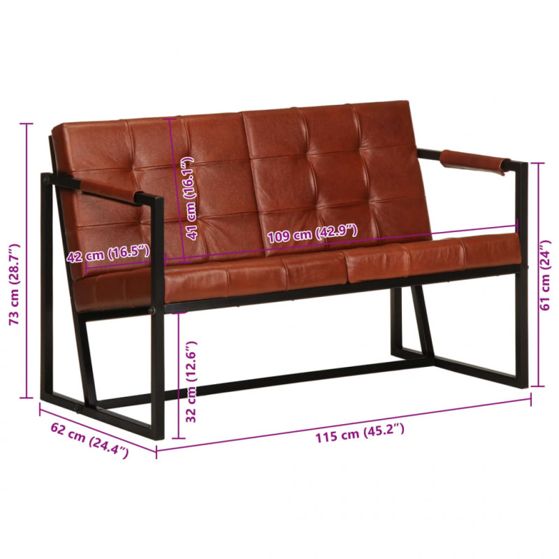 Sofa 2-osobowa, brązowa, naturalna skóra kozia