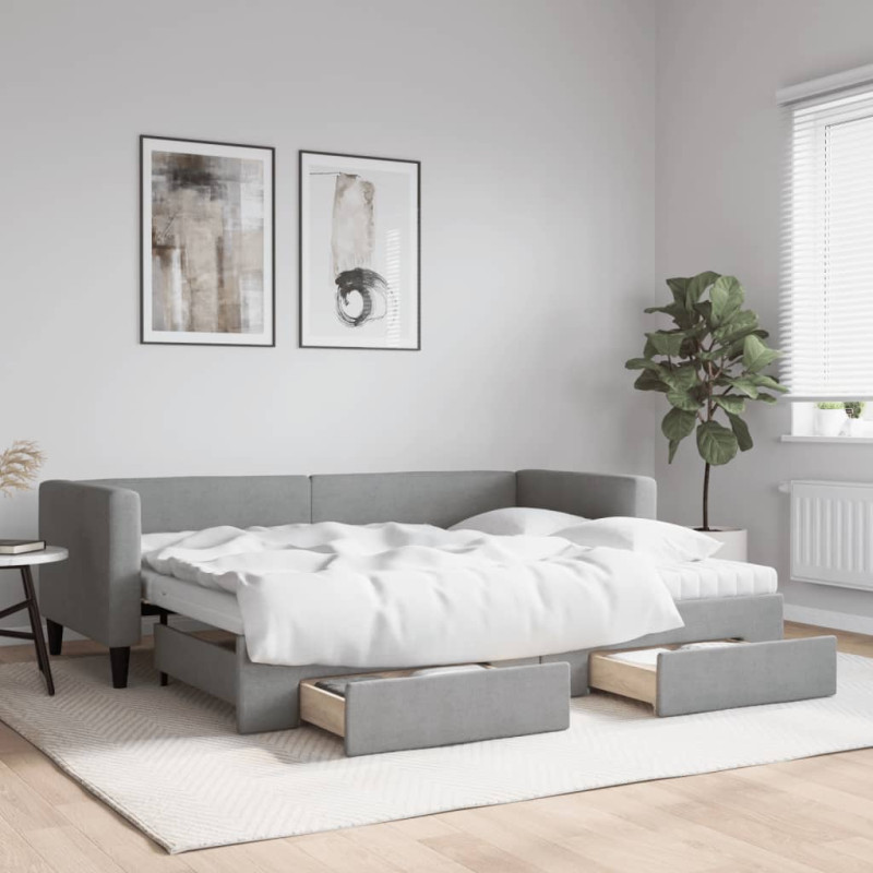 Sofa rozsuwana z szufladami, jasnoszara, 80x200 cm, tkanina