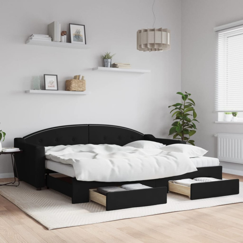 Sofa rozsuwana z szufladami, czarna, 90x200 cm, tkanina