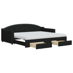 Sofa rozsuwana z szufladami, czarna, 90x200 cm, tkanina