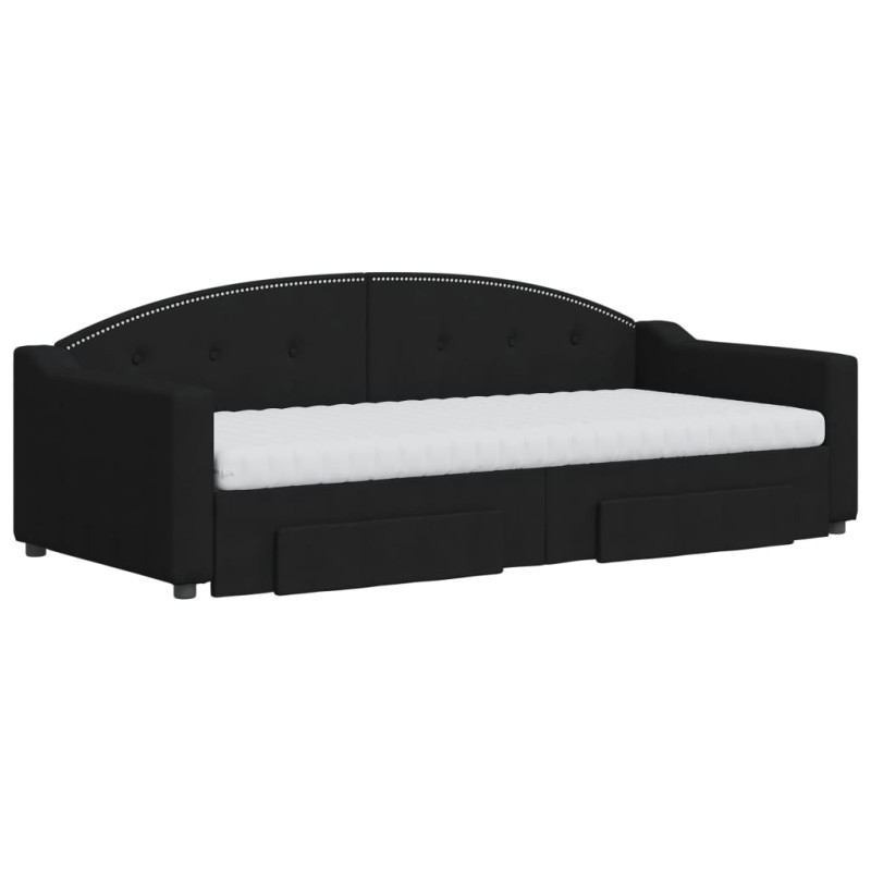 Sofa rozsuwana z szufladami, czarna, 90x200 cm, tkanina