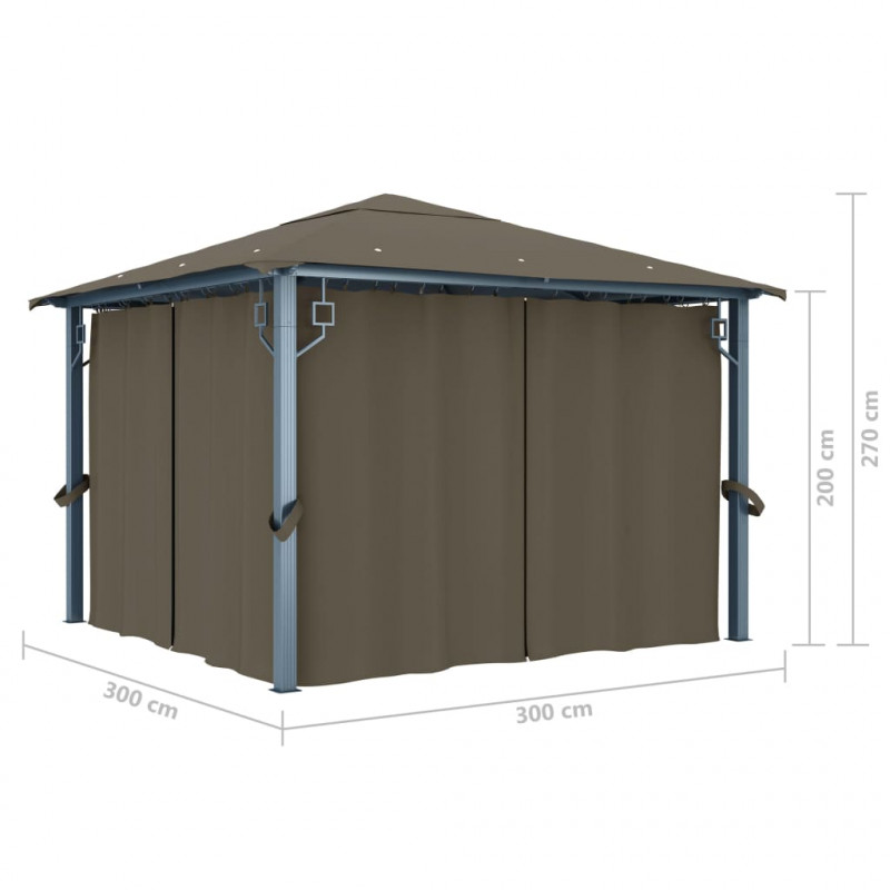 Altana z zasłonami i lampkami LED, 3x3 m, taupe, aluminium