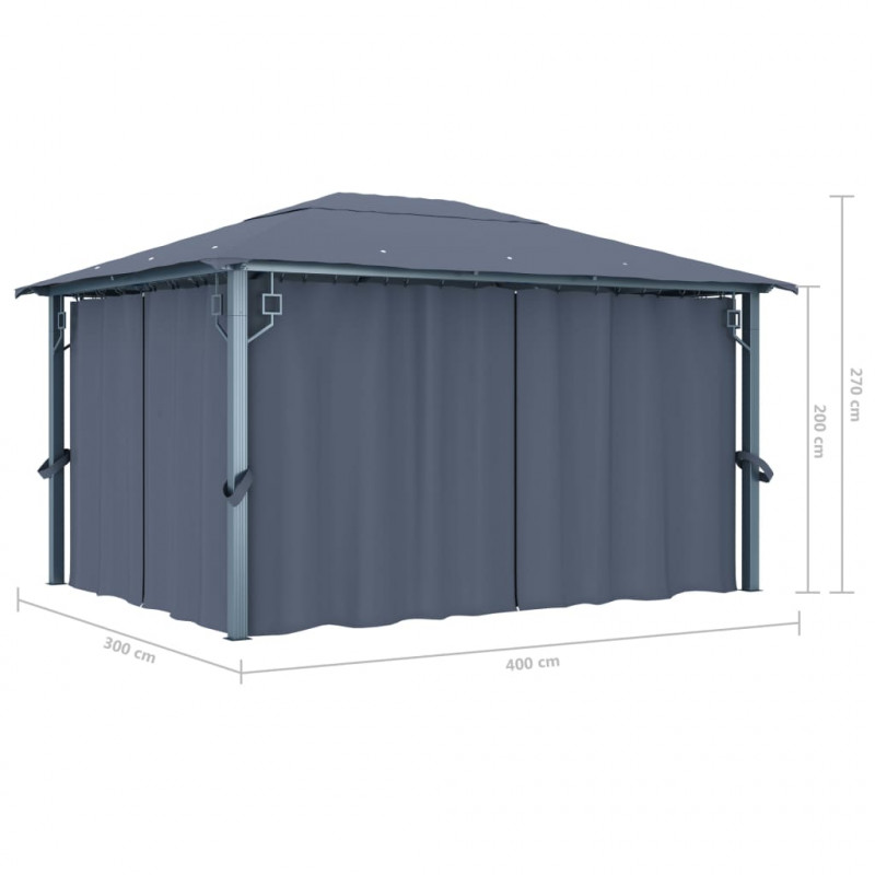 Altana z zasłonami i lampkami LED, 4x3 m, antracyt, aluminiowa