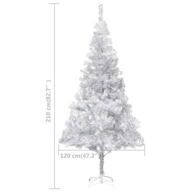Sztuczna choinka z lampkami i bombkami, srebrna, 210 cm, PET