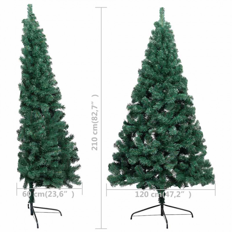 Choinka z lampkami i bombkami, połówka, zielona, 210 cm
