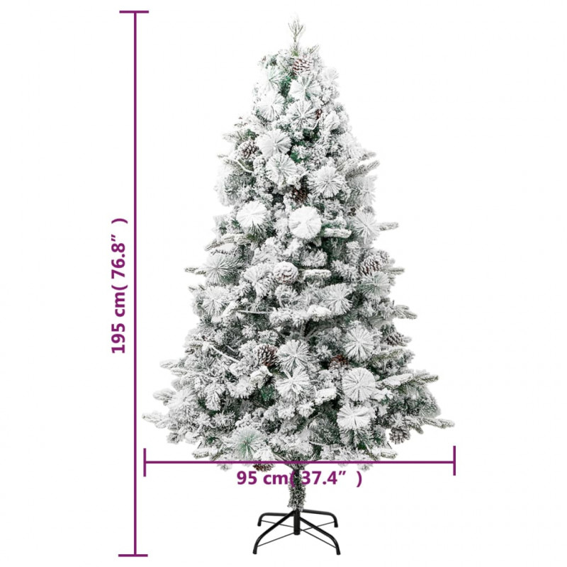Choinka flokowana śniegiem z szyszkami i lampkami 195 cm PVC/PE