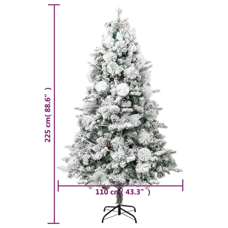Choinka flokowana śniegiem z lampkami i szyszkami 225 cm PVC/PE