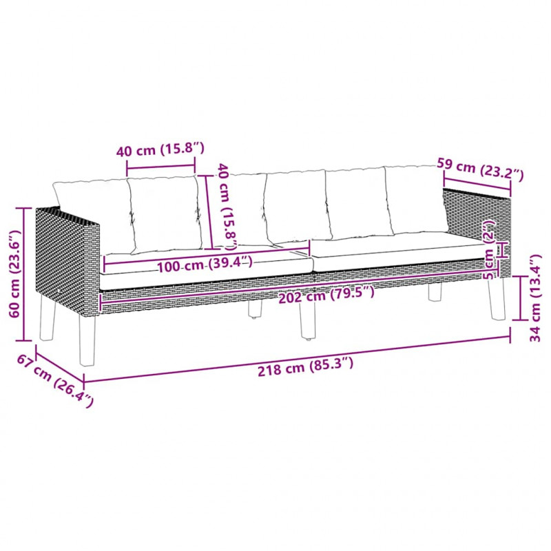 3-osobowa sofa ogrodowa z poduszkami, rattan PE, czarny