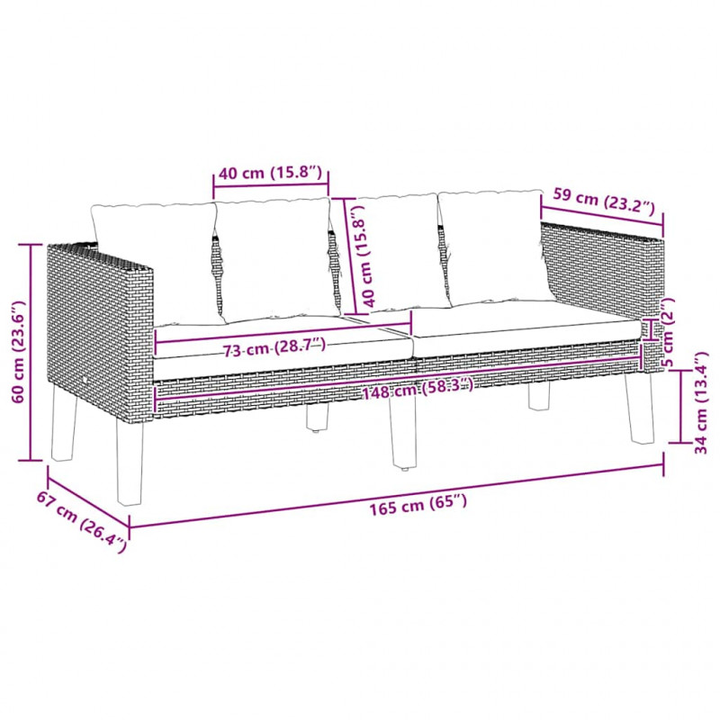 2-osobowa sofa ogrodowa z poduszkami, rattan PE, czarny