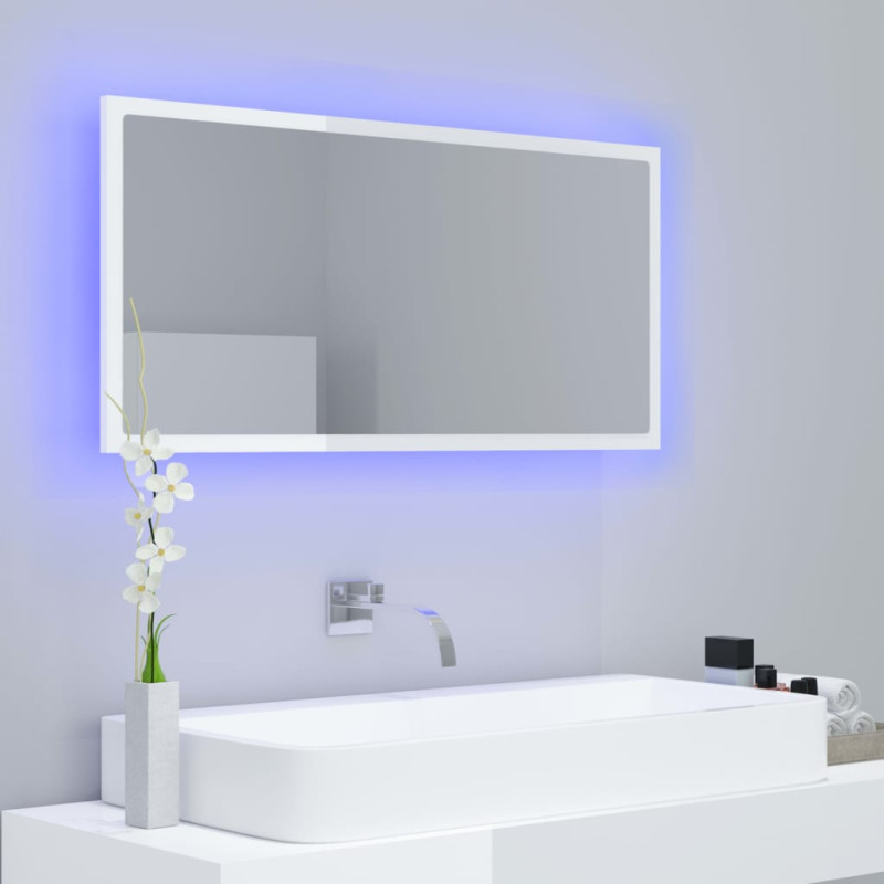 Lustro łazienkowe LED, wysoki połysk, białe, 90x8,5x37cm, akryl