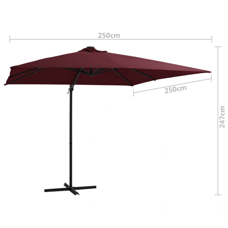 Parasol wiszący z LED, bordowy, 250x250 cm