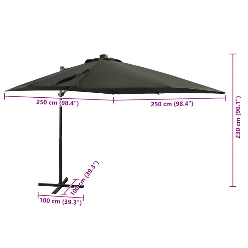 Parasol wiszący z lampkami LED i słupkiem, antracytowy, 250 cm