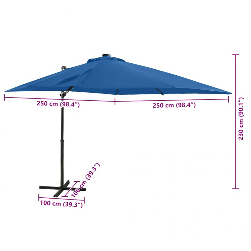 Parasol wiszący z LED i słupkiem, niebieski, 250 cm