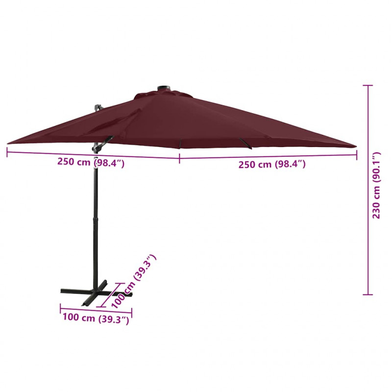 Parasol wiszący z LED i słupkiem, bordowy, 250 cm