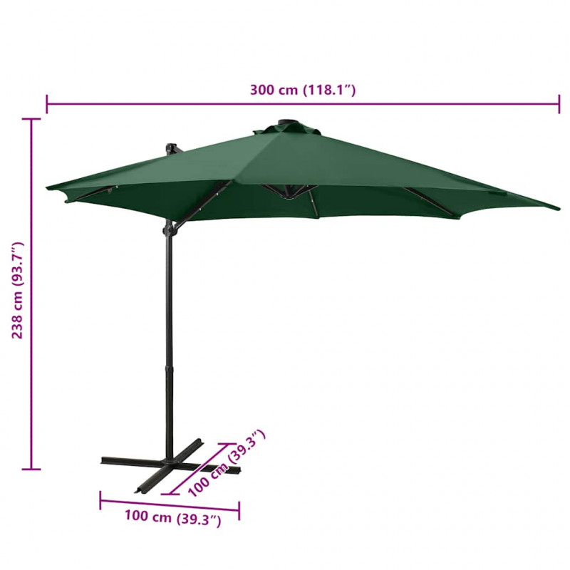 Parasol wiszący z LED i słupkiem, zielony, 300 cm