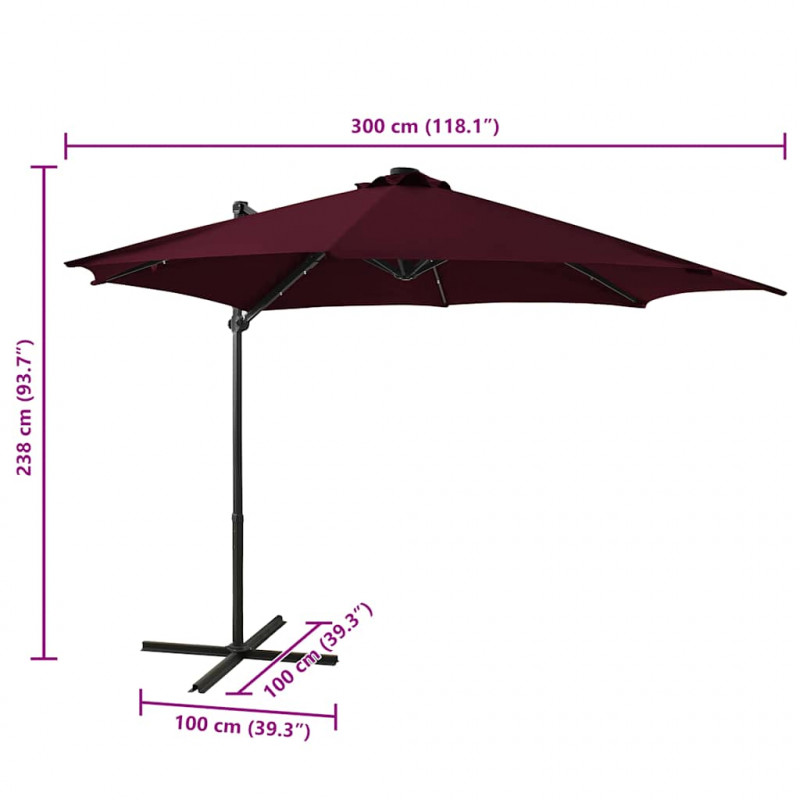 Parasol wiszący z LED i słupkiem, bordowy, 300 cm