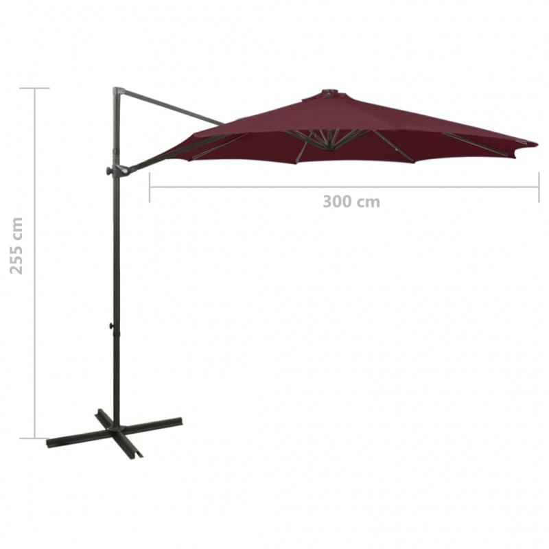 Parasol wiszący z LED i słupkiem, bordowy, 300 cm