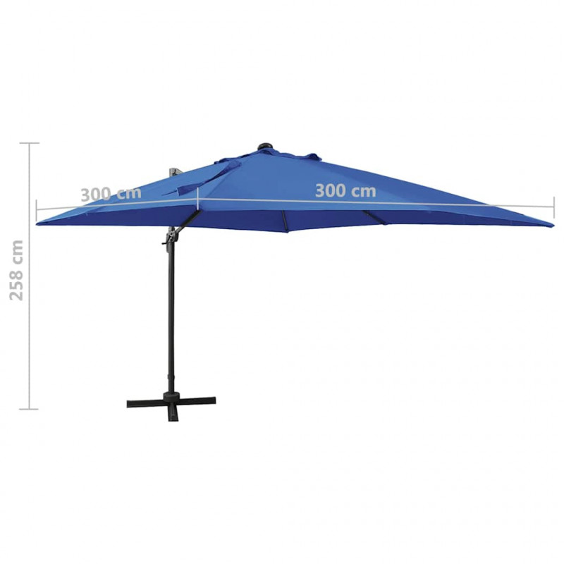 Parasol wiszący z LED i słupkiem, niebieski, 300 cm