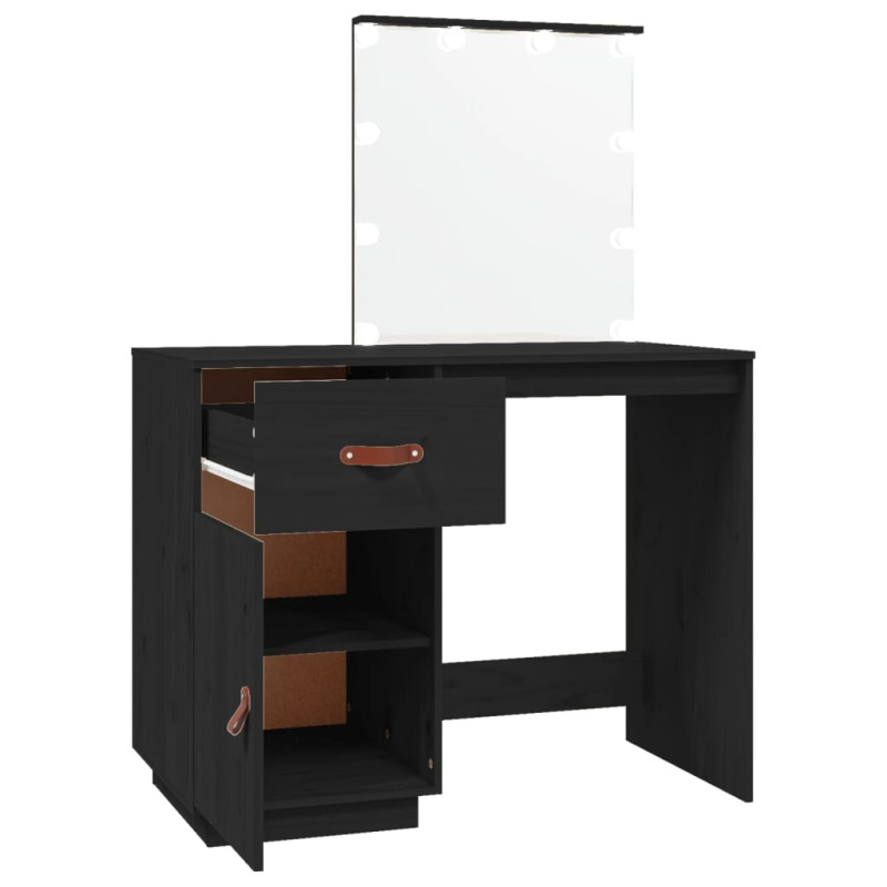 Toaletka z LED, czarna, 95x50x133,5 cm, lite drewno sosnowe