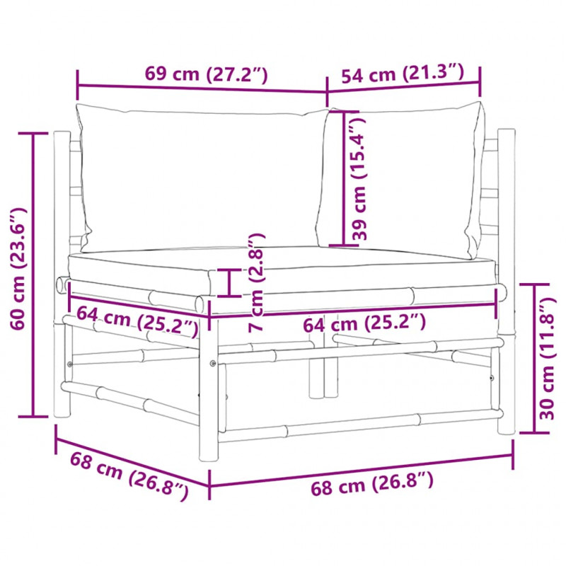 Ogrodowa sofa narożna, śmietankowe poduszki, bambus