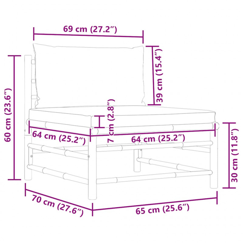 Ogrodowa sofa środkowa, śmietankowe poduszki, bambus