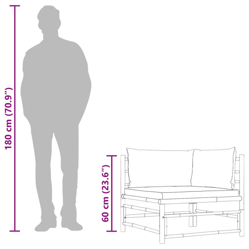 Narożna sofa ogrodowa z ciemnoszarymi poduszkami, bambusowa