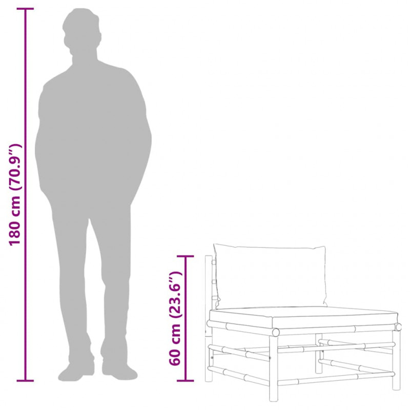 Środkowa sofa ogrodowa z ciemnoszarymi poduszkami, bambusowa