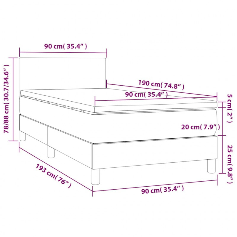 Łóżko kontynentalne, materac i LED, niebieski aksamit 90x190 cm