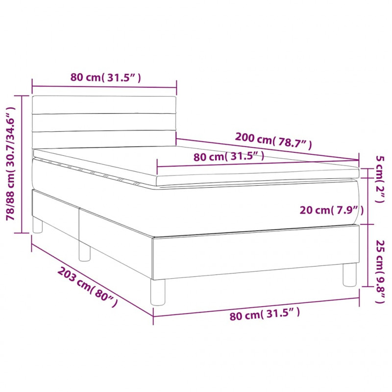 Łóżko kontynentalne, materac i LED, niebieski aksamit 80x200 cm