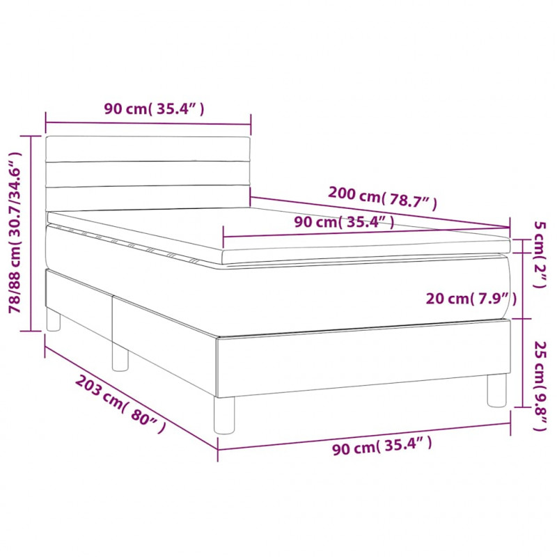 Łóżko kontynentalne, materac i LED, niebieski aksamit 90x200 cm
