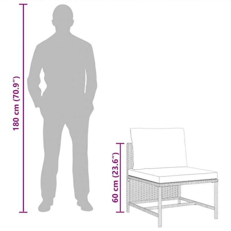 Środkowa sofa modułowa z poduszkami, polirattan, szara