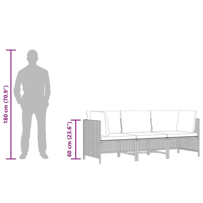3-osobowa sofa ogrodowa z poduszkami, polirattan, czarna