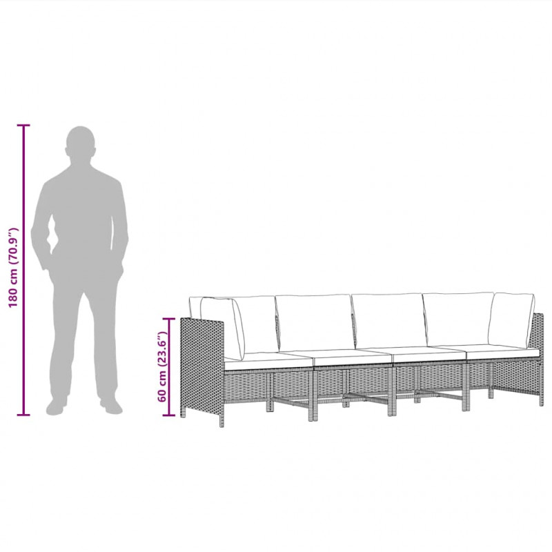 4-osobowa sofa ogrodowa z poduszkami, polirattan, czarna