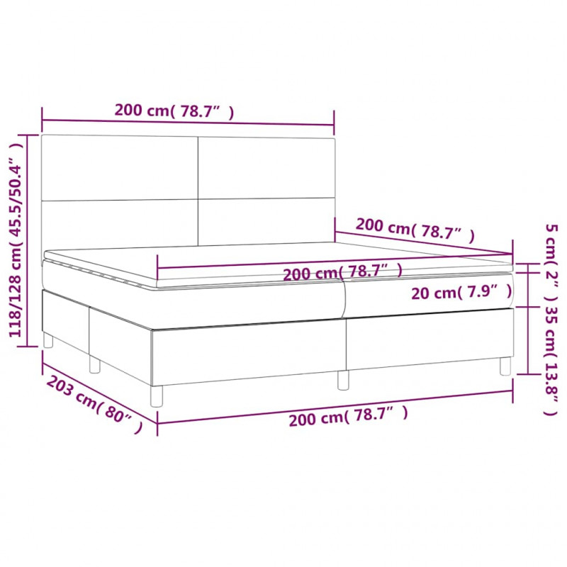 Łóżko kontynentalne, materac i LED, niebieski aksamit 200x200cm